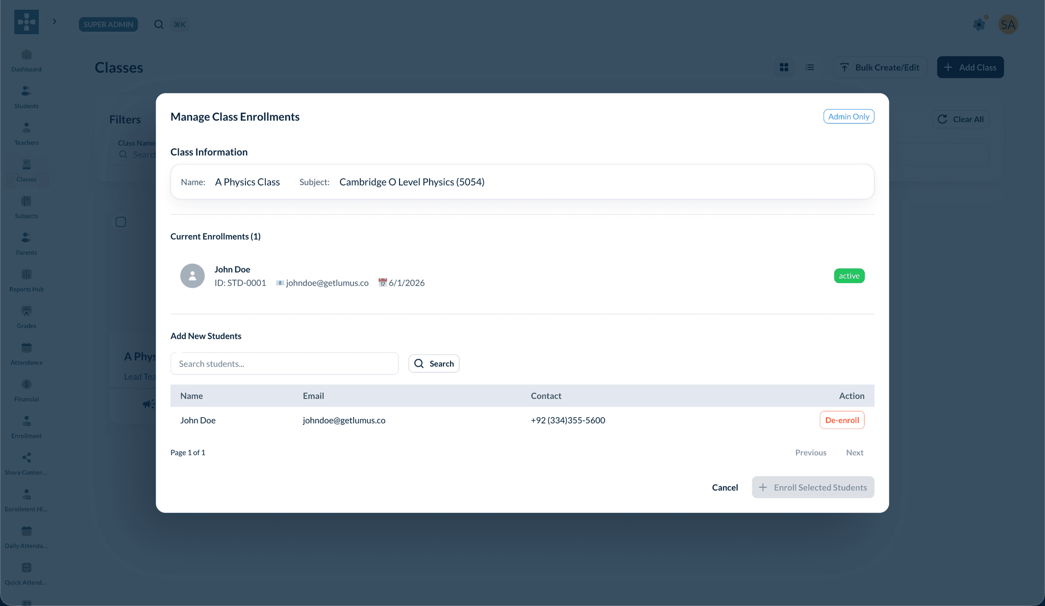 Manage Enrollments from class card