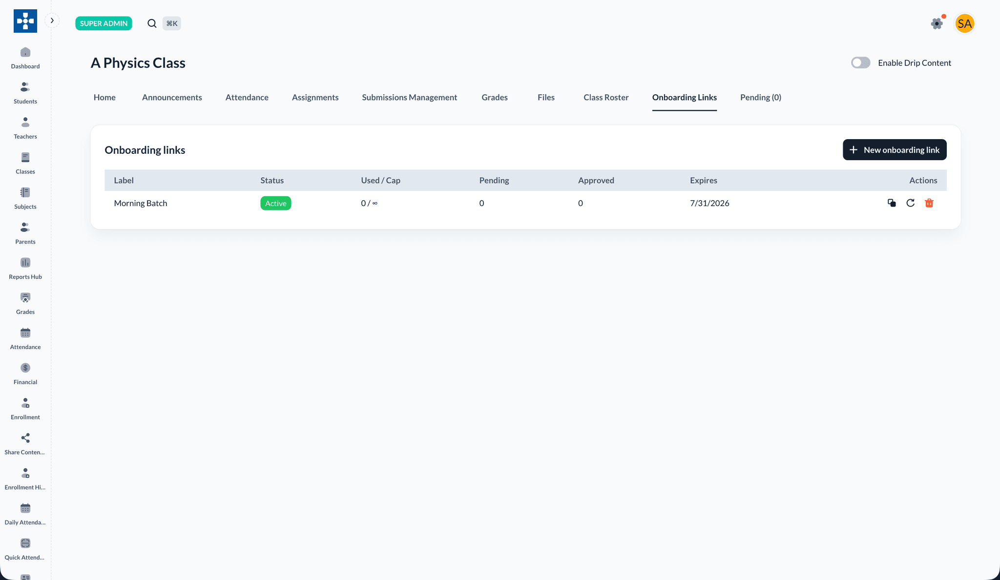 Onboarding Links tab
