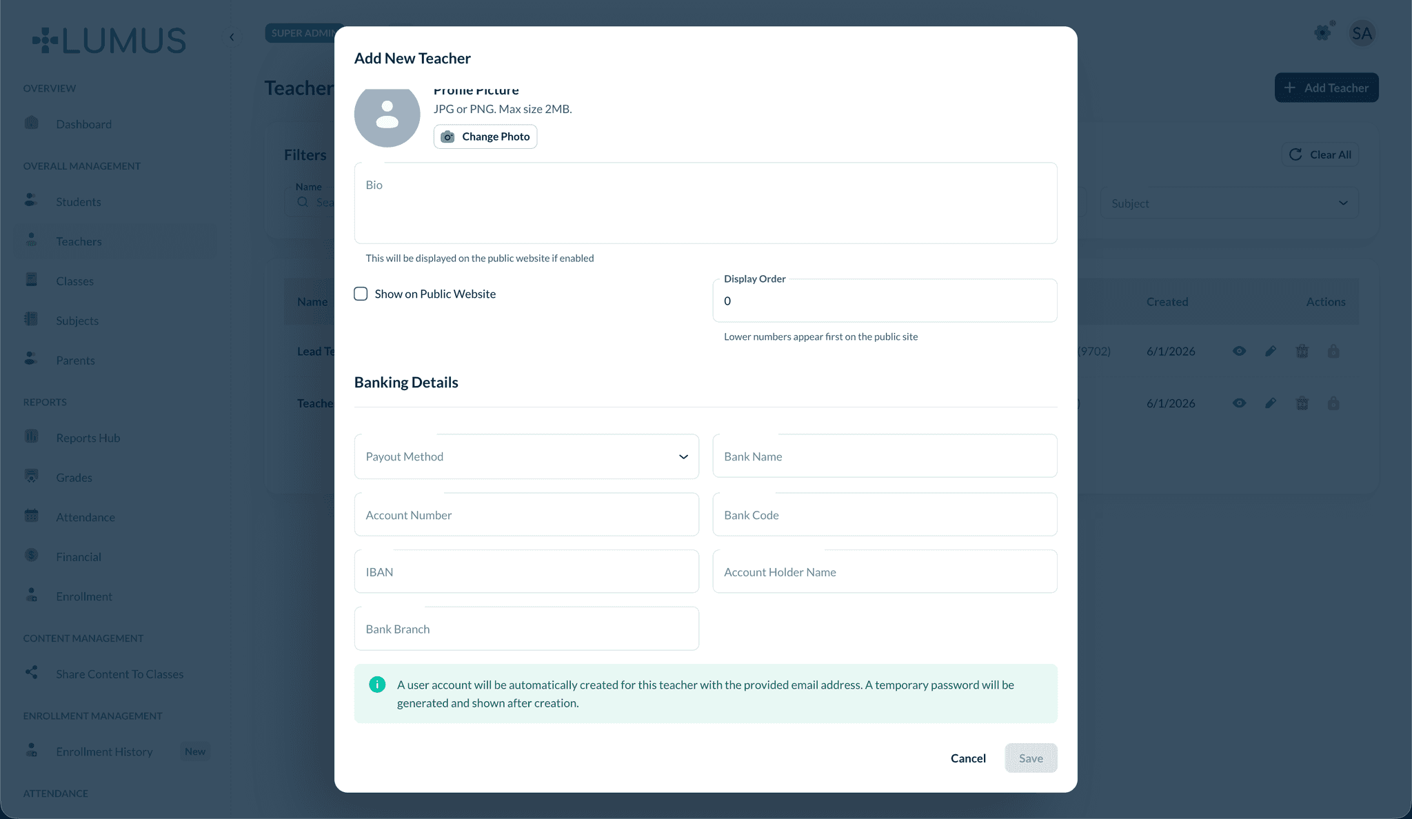 Public profile and banking details