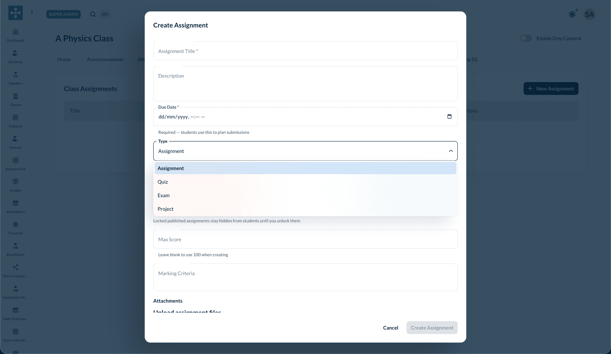 Assignment type options