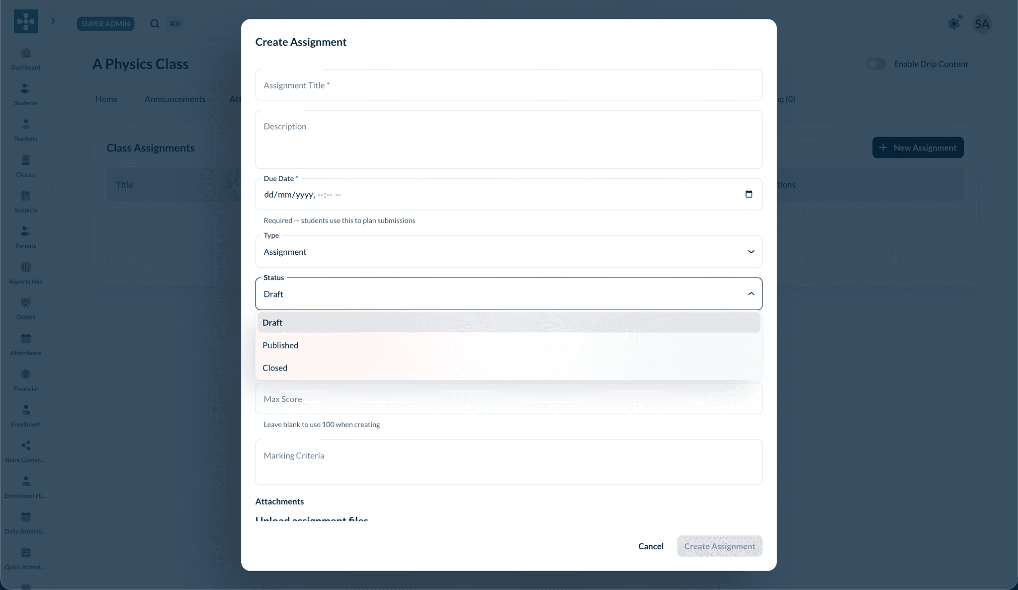 Assignment status options