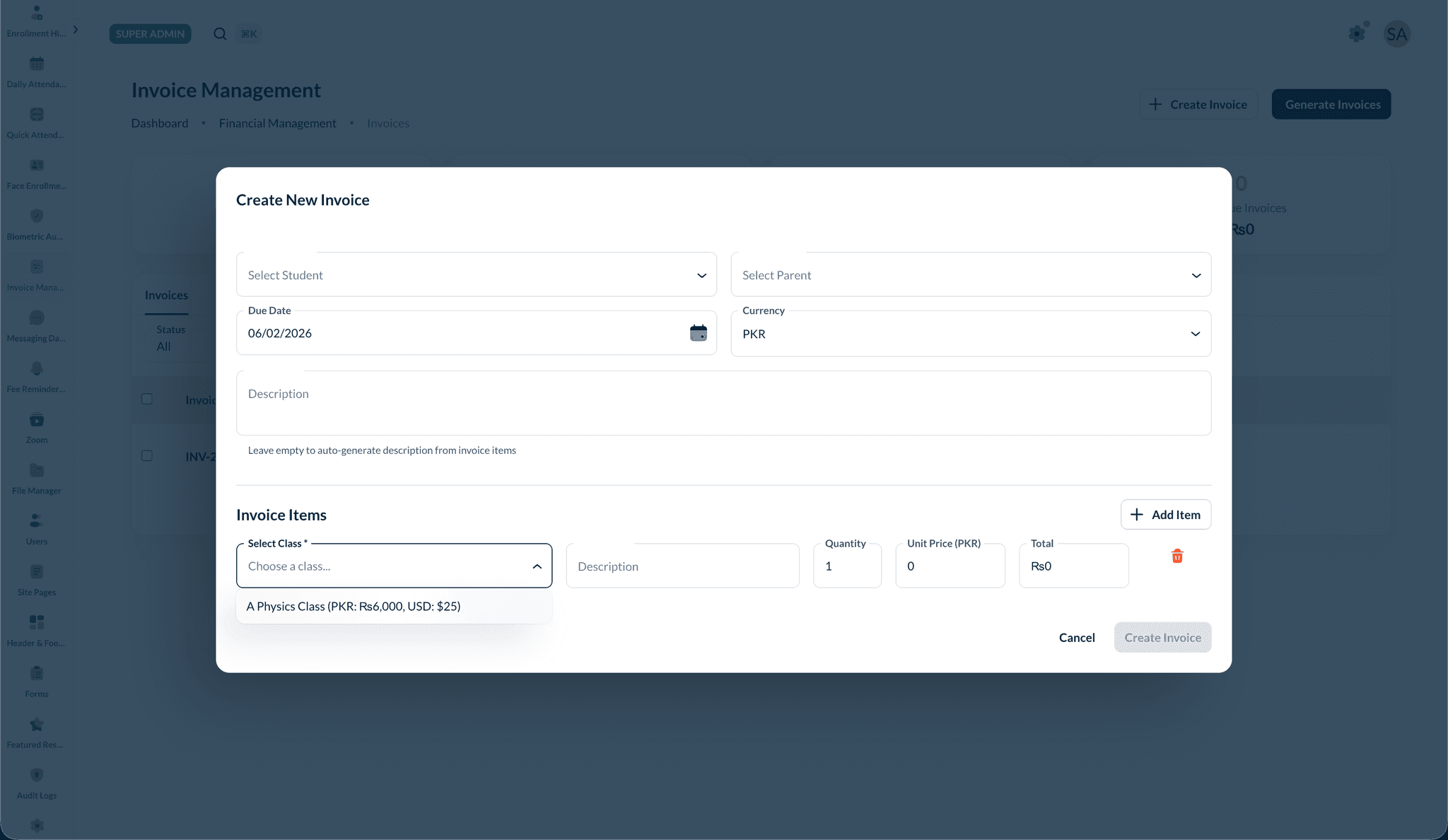 Create invoice — class selection