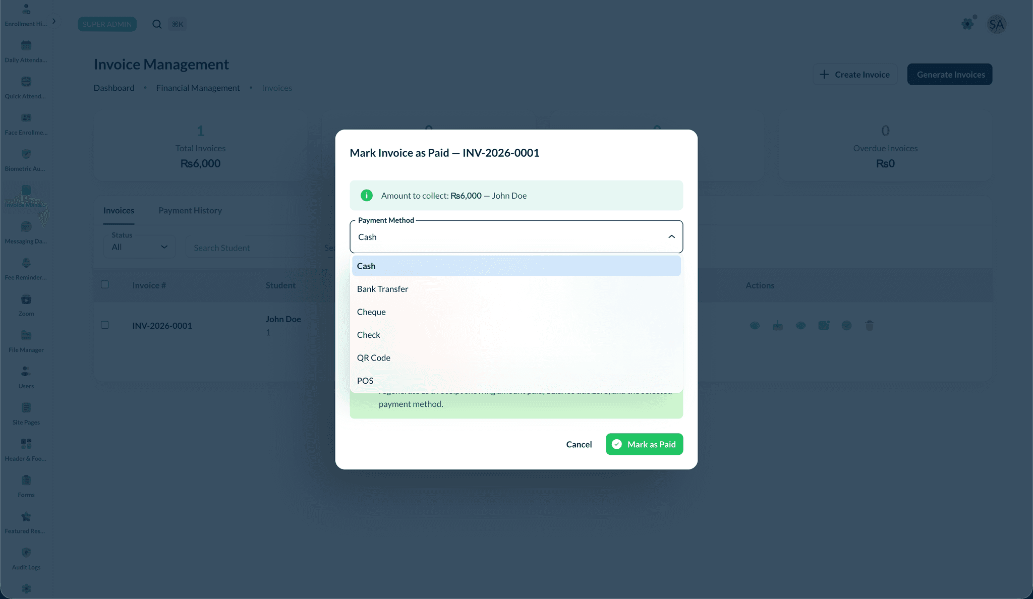 Mark as Paid — payment method options