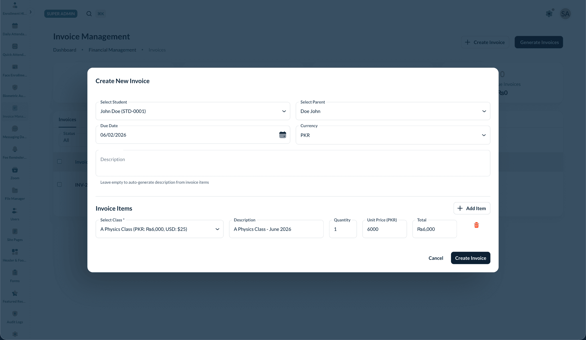 Create invoice — form filled